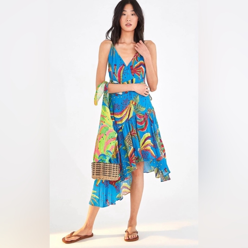 NWT Farm Rio Blue Banana Wrap Dress in Blue Multi